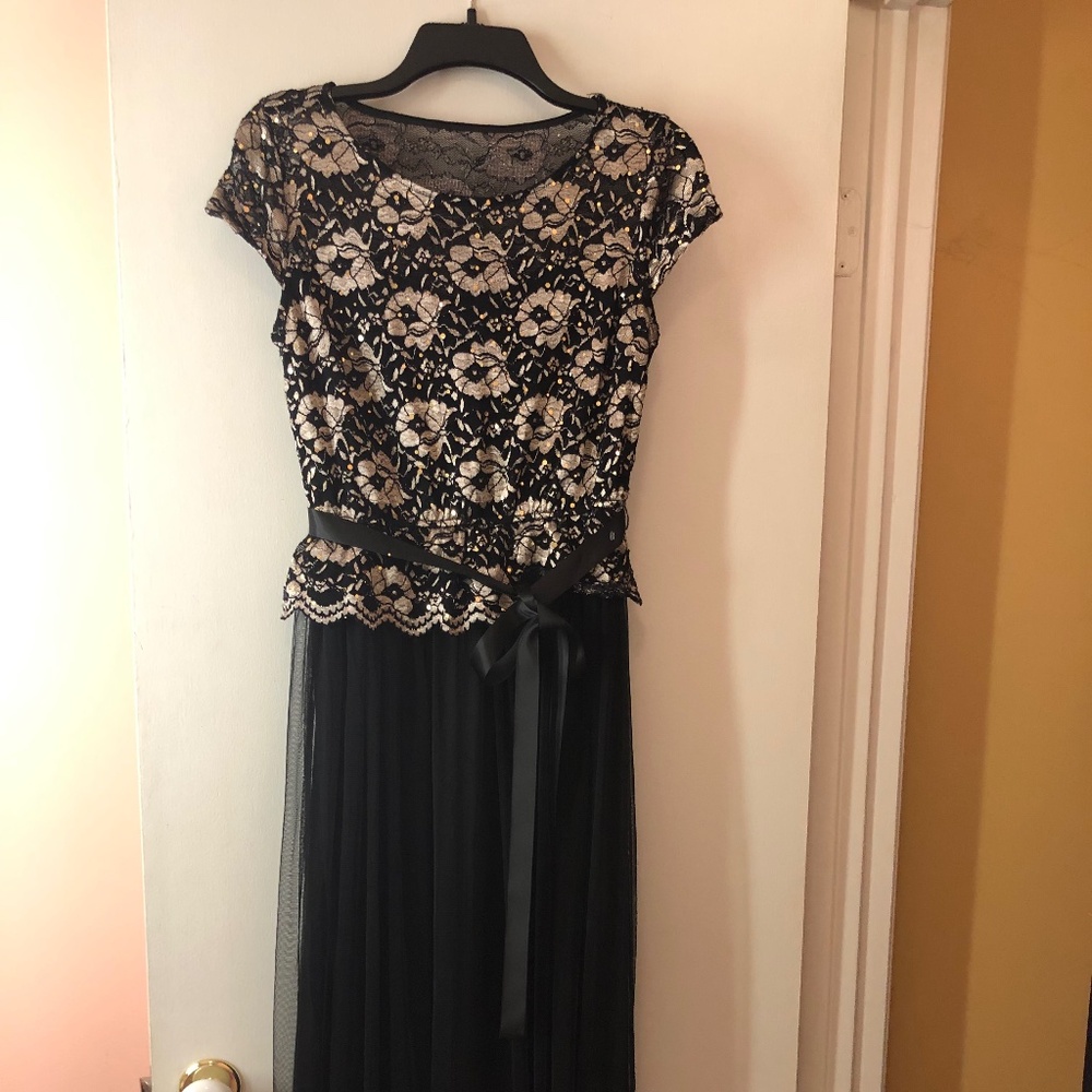 Classic Black after 5 dress with beautiful gold sequined floral top.